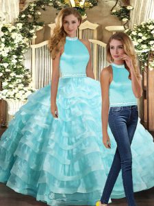 Deluxe Aqua Blue Backless Halter Top Beading and Ruffled Layers Sweet 16 Dresses Organza Sleeveless