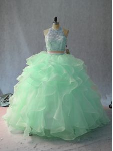 Sleeveless Organza Floor Length Backless Sweet 16 Quinceanera Dress in Apple Green and Pink And White with Beading and Ruffles