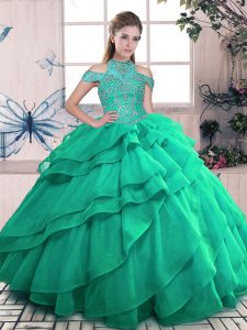 High-neck Sleeveless Organza Quince Ball Gowns Beading and Ruffles Lace Up