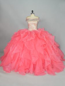 Attractive Watermelon Red Organza Lace Up 15 Quinceanera Dress Sleeveless Floor Length Beading and Ruffles