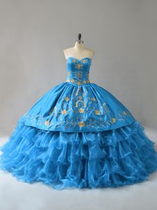 Adorable Blue Sweet 16 Dresses Organza Sleeveless Embroidery and Ruffles