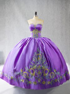 Lavender Ball Gowns Satin Sweetheart Sleeveless Embroidery Floor Length Lace Up Sweet 16 Dresses
