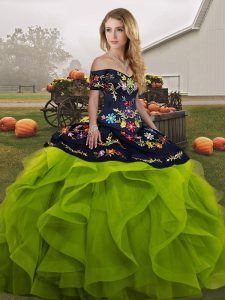 Fabulous Yellow Green Off The Shoulder Neckline Embroidery and Ruffles Quince Ball Gowns Sleeveless Lace Up