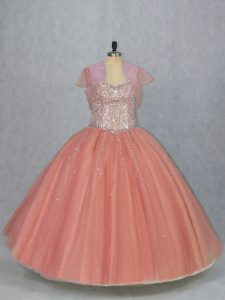 Flare Sweetheart Sleeveless Quinceanera Dresses Floor Length Beading Watermelon Red Tulle