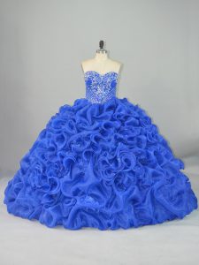 Vintage Blue Organza and Elastic Woven Satin Lace Up Sweetheart Sleeveless Quinceanera Dresses Brush Train Beading and Pick Ups