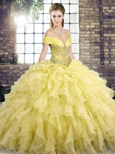 Delicate Yellow Lace Up Off The Shoulder Beading and Ruffles 15th Birthday Dress Organza Sleeveless Brush Train