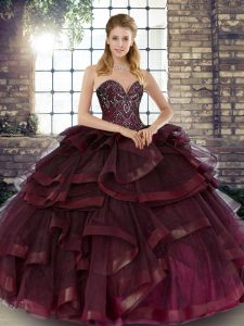 Burgundy Ball Gowns Beading and Ruffles Quinceanera Dresses Lace Up Tulle Sleeveless Floor Length