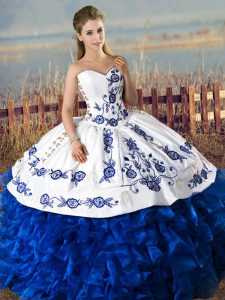 Blue And White Ball Gowns Embroidery and Ruffles Quince Ball Gowns Lace Up Organza Sleeveless Floor Length