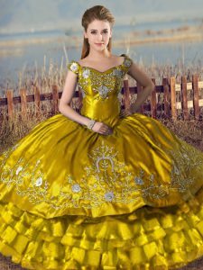 Colorful Off The Shoulder Sleeveless Satin Sweet 16 Dresses Embroidery and Ruffled Layers Lace Up