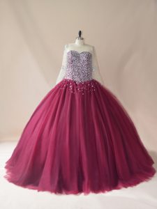 Tulle Scoop Long Sleeves Brush Train Lace Up Beading Ball Gown Prom Dress in Burgundy