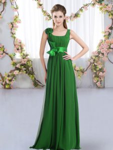 Sleeveless Chiffon Floor Length Zipper Court Dresses for Sweet 16 in Dark Green with Belt and Hand Made Flower
