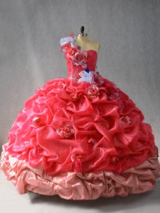 Fancy One Shoulder Sleeveless 15 Quinceanera Dress Floor Length Pick Ups and Hand Made Flower Coral Red Organza