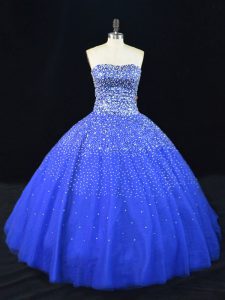 New Arrival Royal Blue Sleeveless Floor Length Beading Lace Up Quinceanera Gown