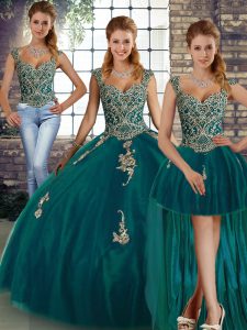 Perfect Peacock Green Three Pieces Straps Sleeveless Tulle Floor Length Lace Up Beading and Appliques Quinceanera Gowns