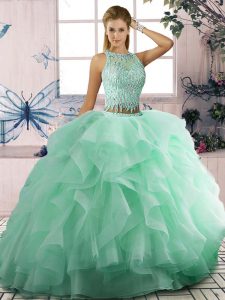 Delicate Apple Green Lace Up Quinceanera Dress Beading and Ruffles Sleeveless Floor Length