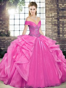 Rose Pink Sleeveless Floor Length Beading and Ruffles Lace Up Sweet 16 Dress