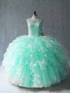 Fancy Apple Green Ball Gowns Organza Scoop Sleeveless Beading and Ruffles Floor Length Lace Up Quince Ball Gowns