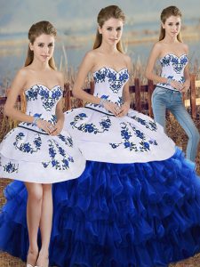 Floor Length Lace Up Quince Ball Gowns Royal Blue for Military Ball and Sweet 16 and Quinceanera with Embroidery and Ruffled Layers and Bowknot