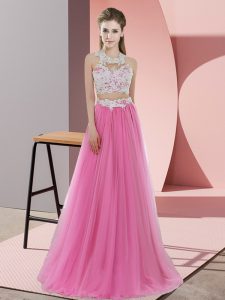 Rose Pink Sleeveless Floor Length Lace Zipper Quinceanera Dama Dress