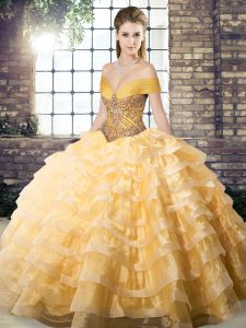 Gold Sleeveless Organza Brush Train Lace Up Quinceanera Gowns for Military Ball and Sweet 16 and Quinceanera