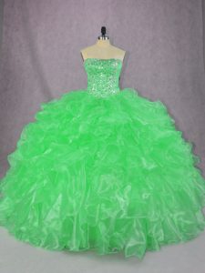 Green Strapless Lace Up Beading and Ruffles Quince Ball Gowns Sleeveless