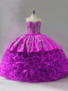 Sweetheart Sleeveless Brush Train Lace Up Sweet 16 Quinceanera Dress Fuchsia Organza and Fabric With Rolling Flowers