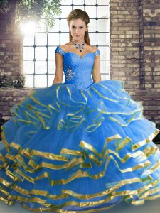 Off The Shoulder Sleeveless Lace Up Quinceanera Dresses Blue Tulle