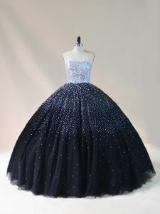 Edgy Sleeveless Floor Length Beading Lace Up Quinceanera Gown with Black