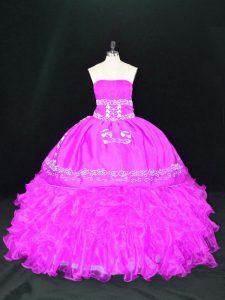 Organza Strapless Sleeveless Lace Up Embroidery and Ruffles Quinceanera Gowns in Fuchsia