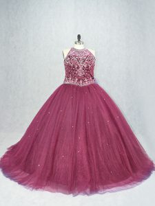 Cute Burgundy Sleeveless Tulle Brush Train Lace Up Ball Gown Prom Dress for Sweet 16 and Quinceanera