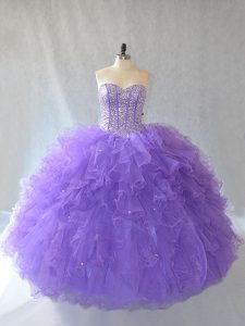New Style Floor Length Lavender Quinceanera Dresses Tulle Sleeveless Beading and Ruffles and Sequins