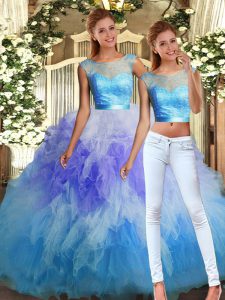 Beautiful Multi-color Two Pieces Lace and Ruffles Quinceanera Dresses Backless Tulle Sleeveless Floor Length