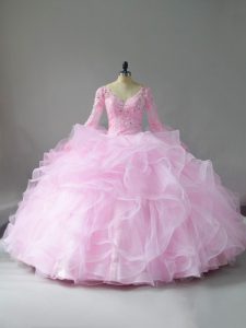 Lace and Ruffles Sweet 16 Quinceanera Dress Pink Lace Up Long Sleeves Floor Length