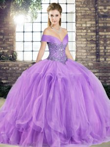 Modern Lavender Off The Shoulder Neckline Beading and Ruffles Quinceanera Gown Sleeveless Lace Up