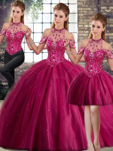 Fuchsia Halter Top Lace Up Beading Quinceanera Dress Brush Train Sleeveless