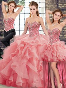 Affordable Watermelon Red Sleeveless Brush Train Beading and Ruffles 15 Quinceanera Dress