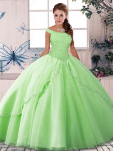 Vintage Brush Train Ball Gowns Quinceanera Gown Off The Shoulder Tulle Sleeveless Lace Up