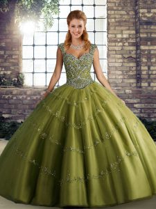 Exceptional Olive Green Ball Gown Prom Dress Military Ball and Sweet 16 and Quinceanera with Beading and Appliques Straps Sleeveless Lace Up