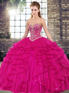 Perfect Floor Length Fuchsia Quince Ball Gowns Tulle Sleeveless Beading and Ruffles