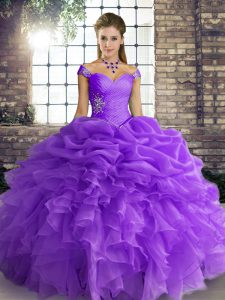 Floor Length Lace Up Sweet 16 Dresses Lavender for Military Ball and Sweet 16 and Quinceanera with Beading and Ruffles and Pick Ups