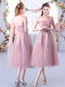 Eye-catching Pink One Shoulder Neckline Appliques and Belt Quinceanera Dama Dress Sleeveless Lace Up