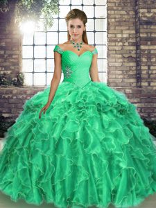 Nice Turquoise Quince Ball Gowns Military Ball and Sweet 16 and Quinceanera with Beading and Ruffles Off The Shoulder Sleeveless Brush Train Lace Up