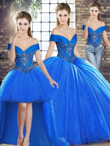 Royal Blue Organza Lace Up Off The Shoulder Sleeveless Quince Ball Gowns Brush Train Beading