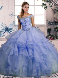 Super Lavender Ball Gowns Beading and Ruffles 15th Birthday Dress Lace Up Organza Sleeveless Floor Length