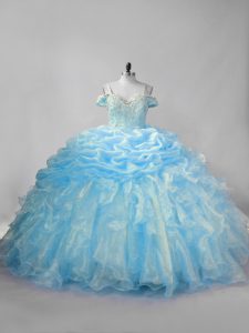 Baby Blue Sleeveless Organza Brush Train Lace Up Quinceanera Gowns for Sweet 16 and Quinceanera