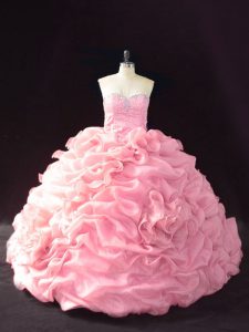 Fashion Pink Ball Gowns Beading and Pick Ups and Hand Made Flower 15th Birthday Dress Lace Up Organza Sleeveless