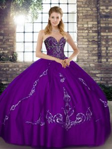 Luxurious Sleeveless Floor Length Beading and Embroidery Lace Up Quince Ball Gowns with Purple