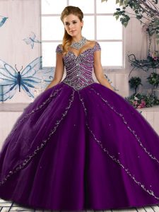 Luxurious Purple Lace Up Sweetheart Beading Sweet 16 Dress Tulle Cap Sleeves Brush Train
