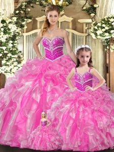 Dazzling Rose Pink Organza Lace Up Sweetheart Sleeveless Floor Length Quince Ball Gowns Beading and Ruffles