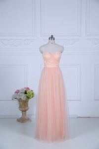 Suitable Peach Sweetheart Zipper Ruching Dama Dress for Quinceanera Sleeveless